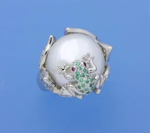 Sterling Silver Ring with 16-16.5mm Coin Shape Freshwater Pearl, Cubic Zirconia and Red Corundum