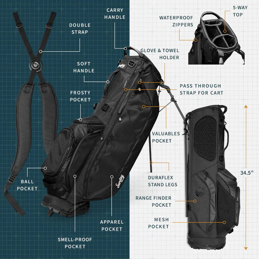Sunday Golf Ryder 23 Golf Stand Bag Black Vegan Leather (Bag Height 35")