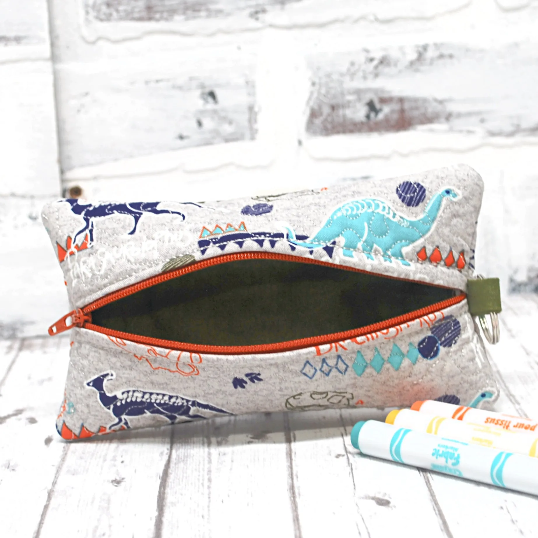 Teal and Orange Dino Personalized Quilted Pouch
