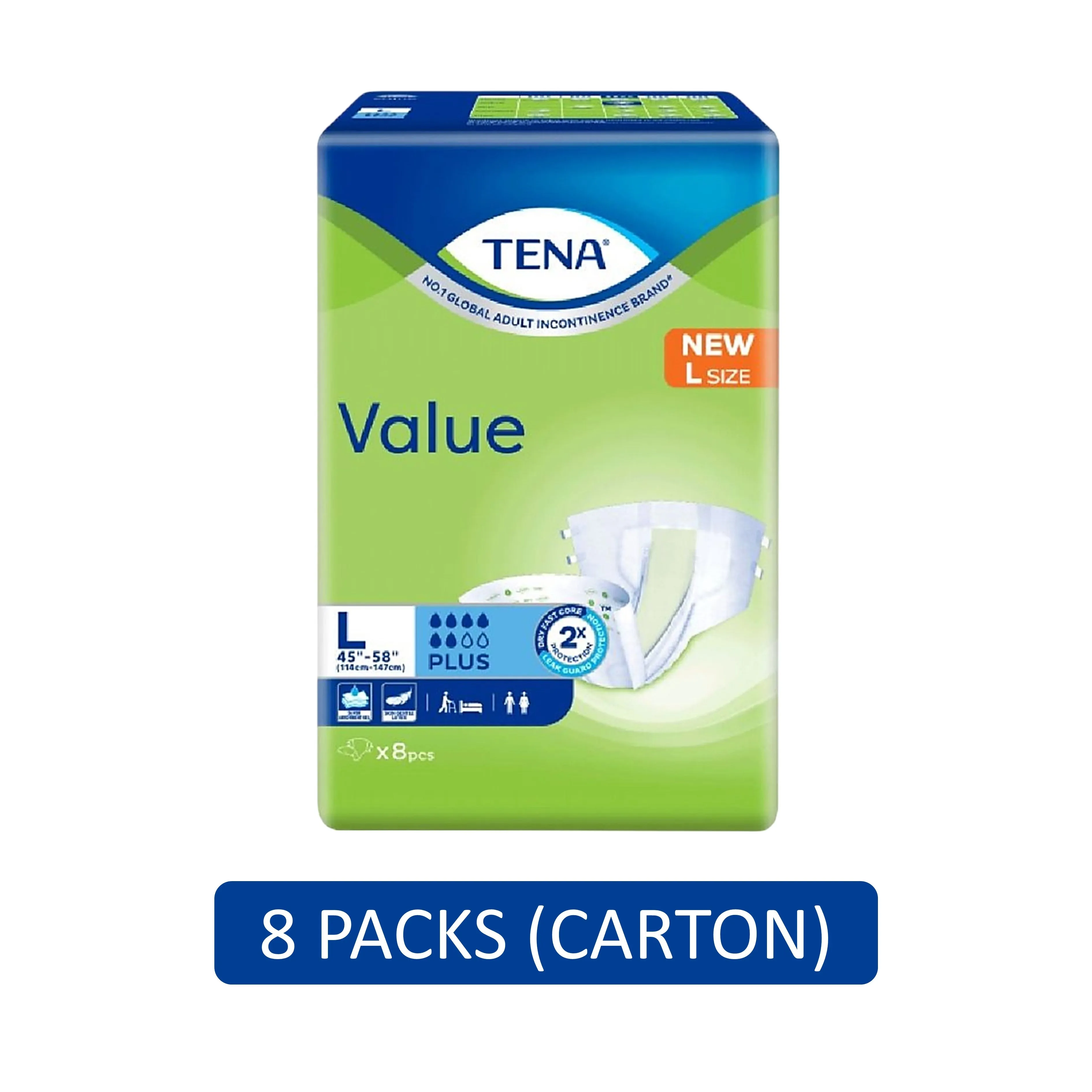Tena Value Plus Adult Diapers Size L 8's (114-147cm / 45-58 inches) [8 Packs/Carton]