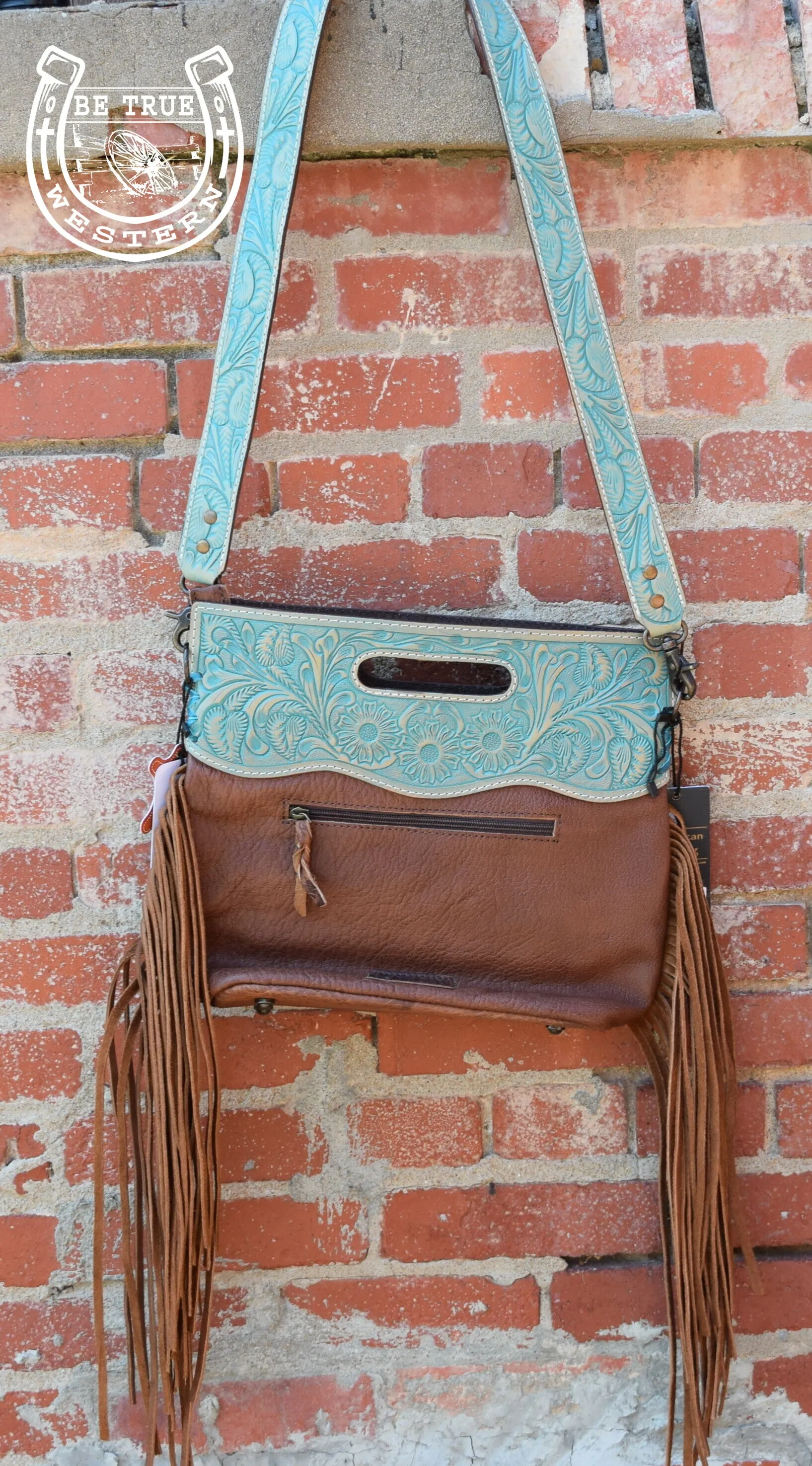 The American Darling Turquoise Leather and Hair Fringe Crossbody Purse