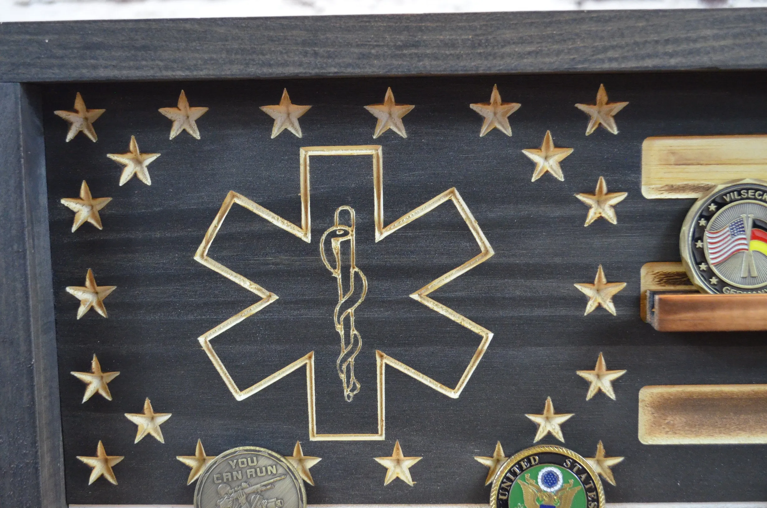 Thin White Line EMT Coin Display Rack Holder - Rustic Paramedic American Flag Coin Display