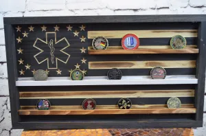 Thin White Line EMT Coin Display Rack Holder - Rustic Paramedic American Flag Coin Display