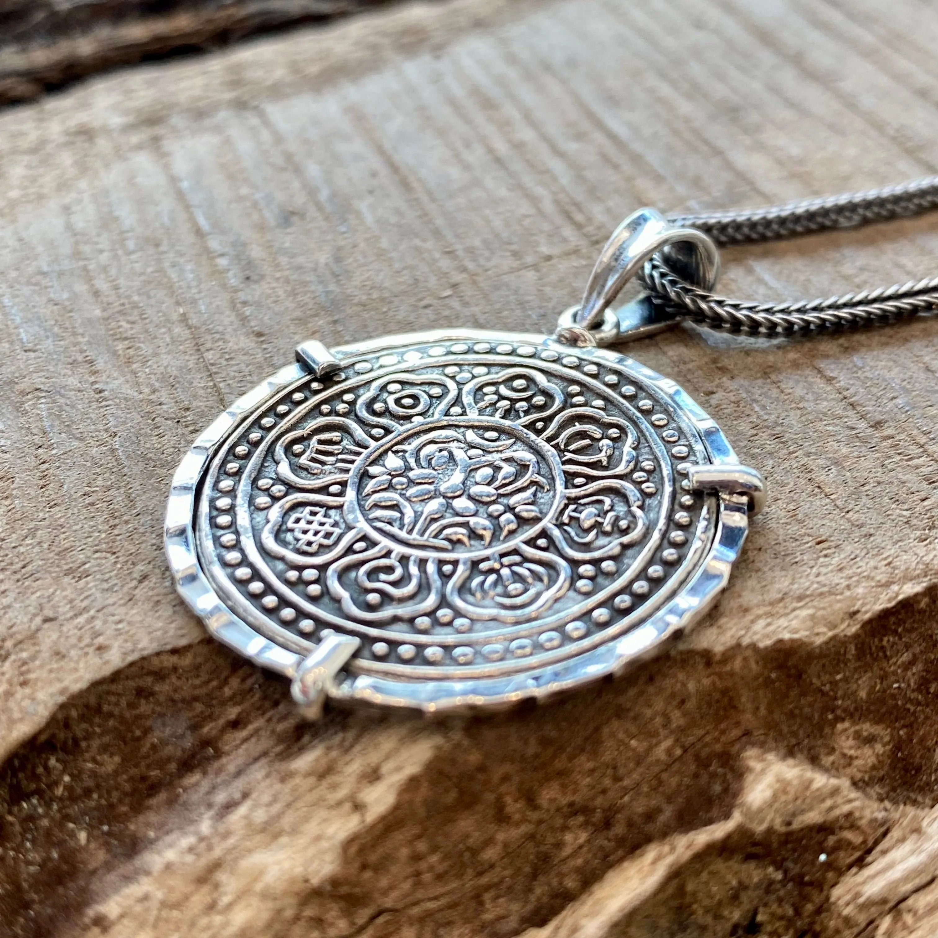 Tibetan Tangka Coin -  Lotus Flower   Buddhist Lucky Symbols - Mounted Sterling Silver - (Includes sterling chain)