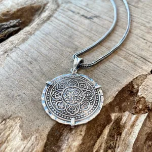 Tibetan Tangka Coin -  Lotus Flower   Buddhist Lucky Symbols - Mounted Sterling Silver - (Includes sterling chain)