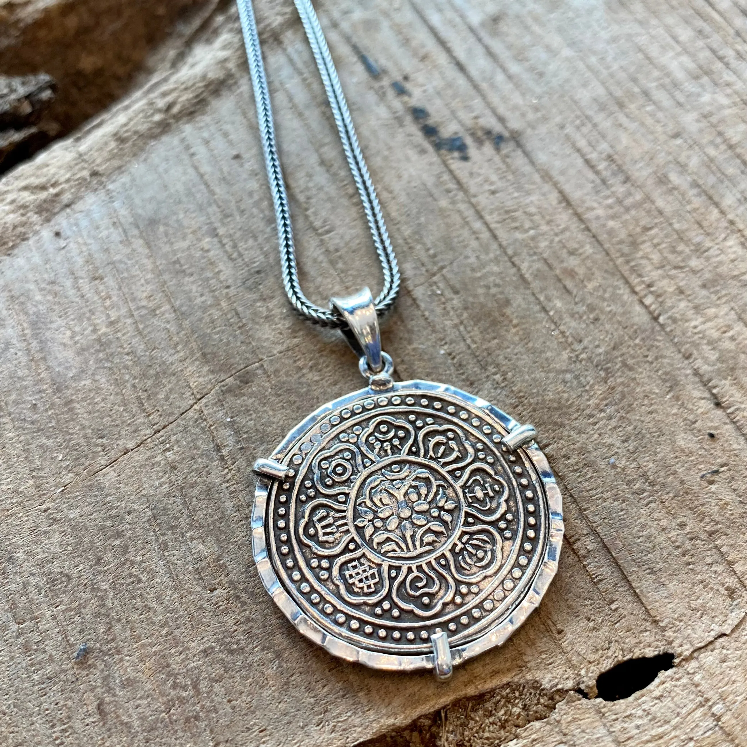 Tibetan Tangka Coin -  Lotus Flower   Buddhist Lucky Symbols - Mounted Sterling Silver - (Includes sterling chain)