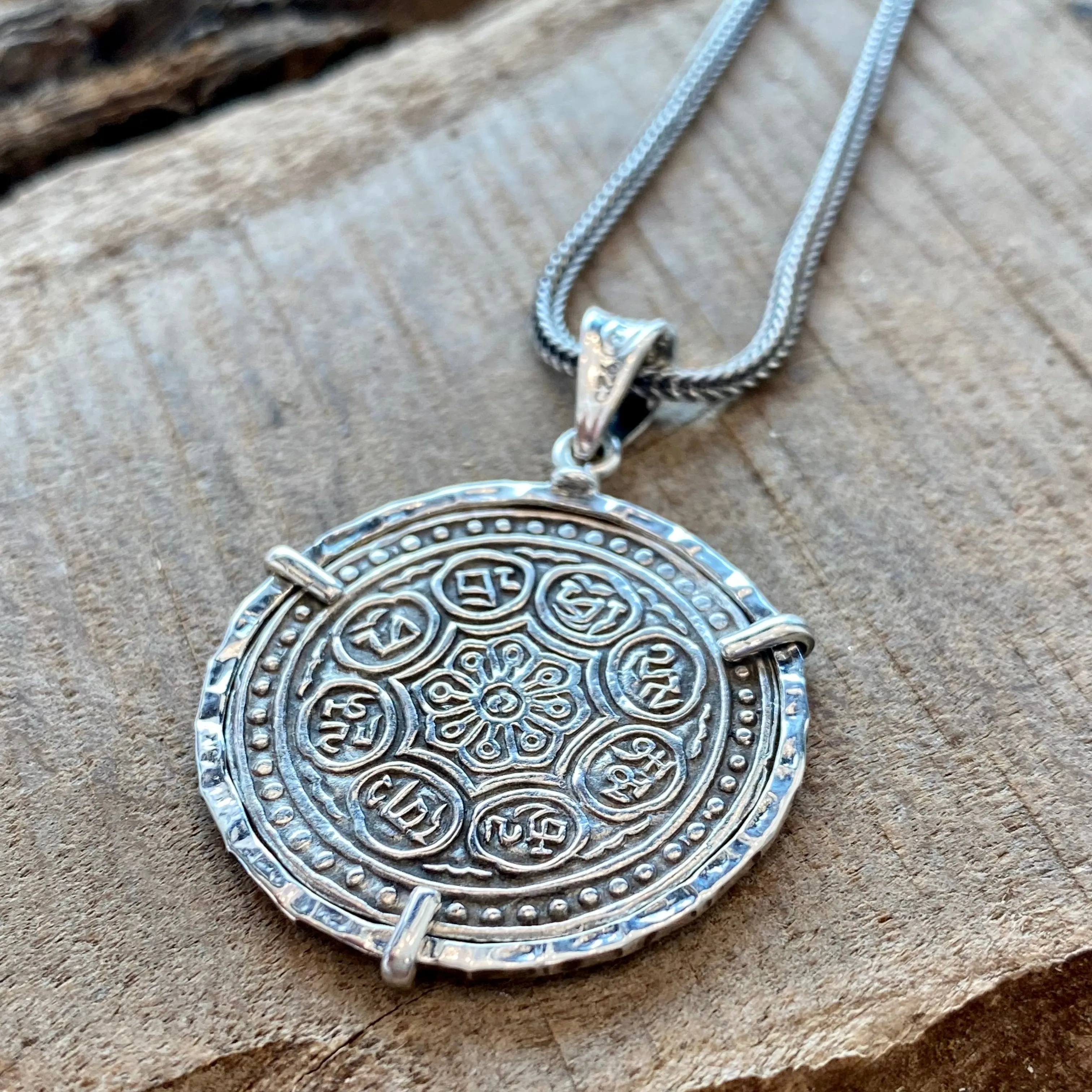 Tibetan Tangka Coin -  Lotus Flower   Buddhist Lucky Symbols - Mounted Sterling Silver - (Includes sterling chain)