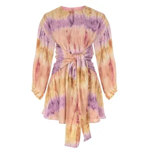 Tie-Dye Patterned Tie-Detailed Cupro Mini Dress