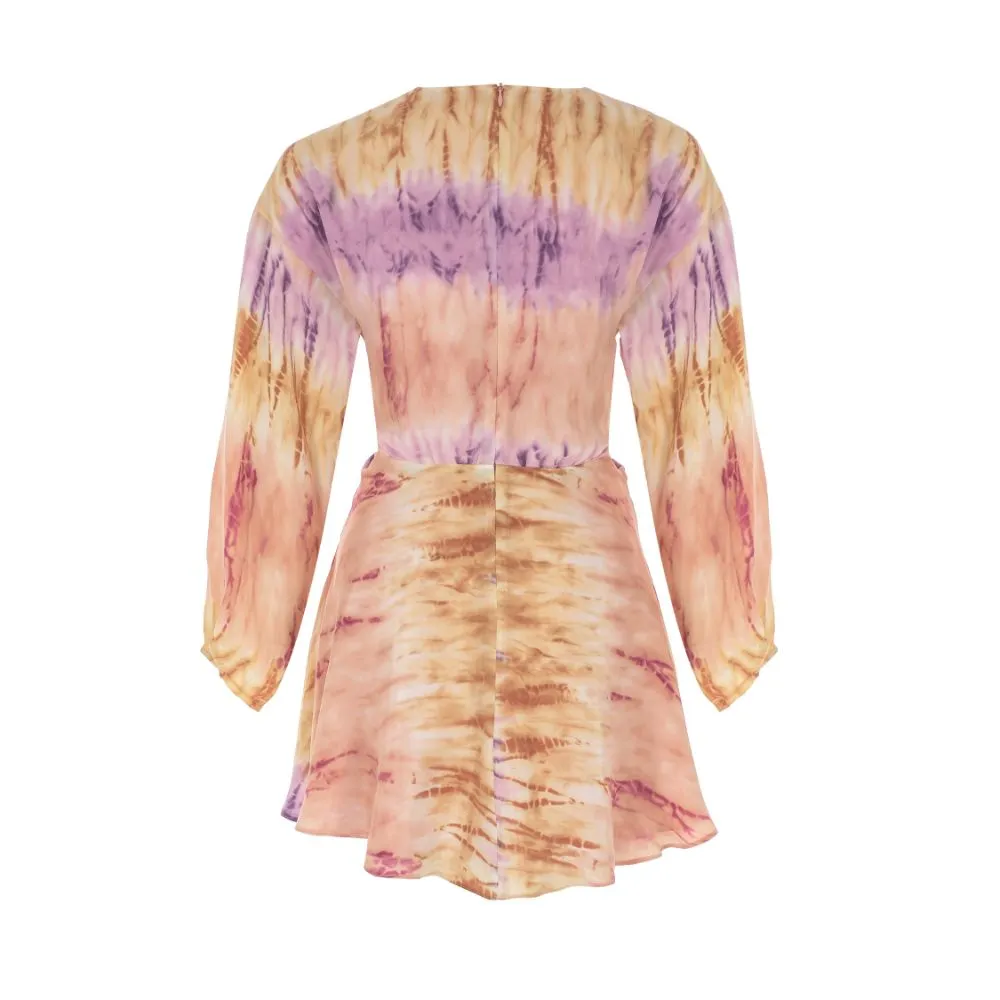 Tie-Dye Patterned Tie-Detailed Cupro Mini Dress