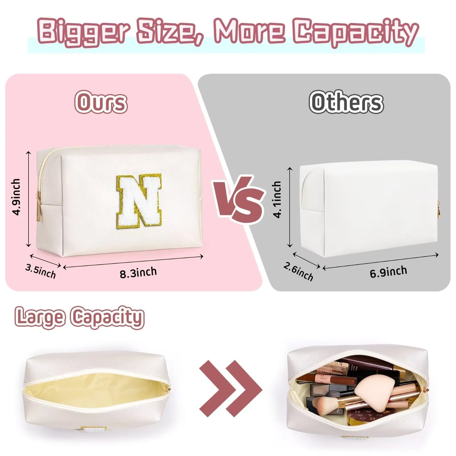 TOPEAST Initial Makeup Bag, Personalized Initial Bags with Zipper, Cute Makeup Pouch, PU Leather Waterproof Cosmetic Bag, Birthday Gift for Women, Preppy Things for Girls (White A)