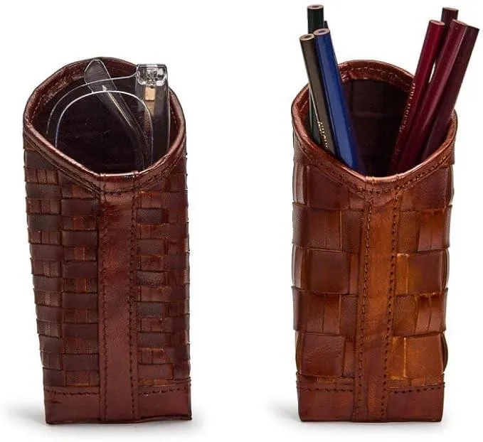 Two's Company Chestnut Woven Leather Standing Triangular Weighted Eyeglass/Accessory Holder Dark Brown