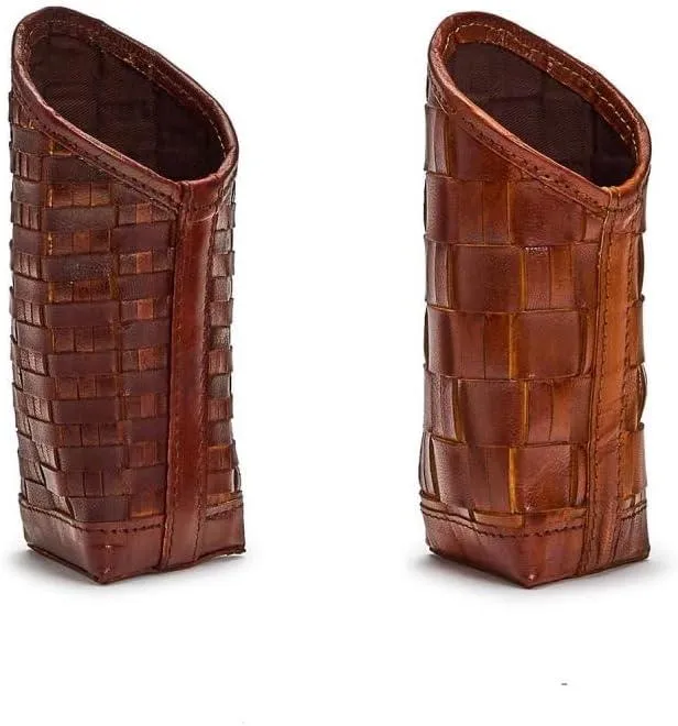 Two's Company Chestnut Woven Leather Standing Triangular Weighted Eyeglass/Accessory Holder Dark Brown