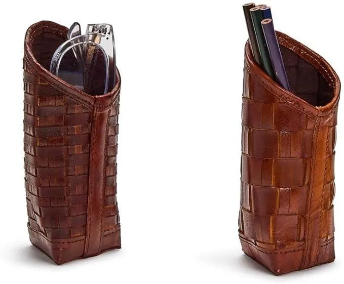 Two's Company Chestnut Woven Leather Standing Triangular Weighted Eyeglass/Accessory Holder Dark Brown
