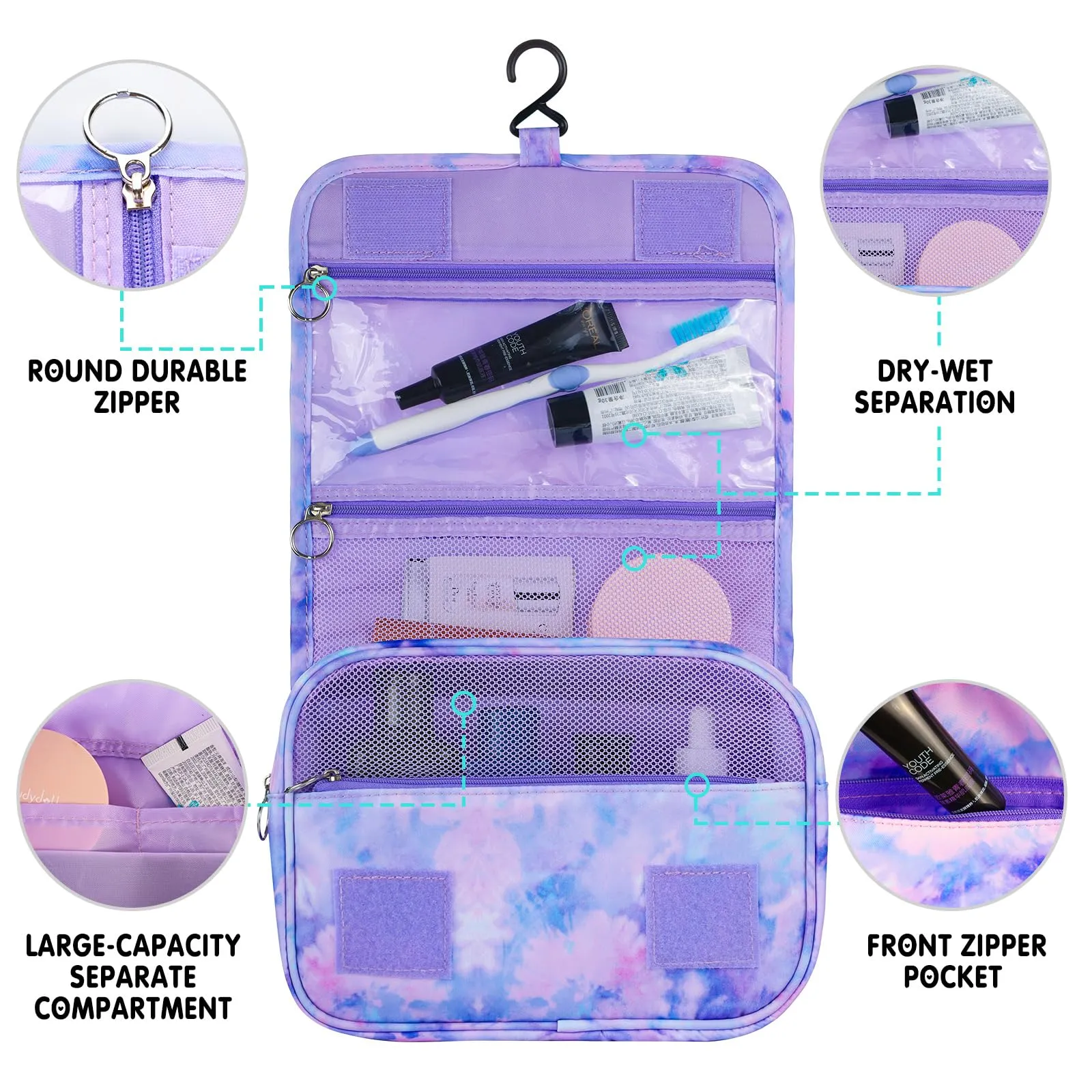 Vipdeal Kids Hanging Toiletry Bag for Girls, Travel Toiletry Bag for Little Young Girls Cosmetic Makeup Waterproof Wash Bag Toddler Traveling Toiletries, Tie Dye Purple