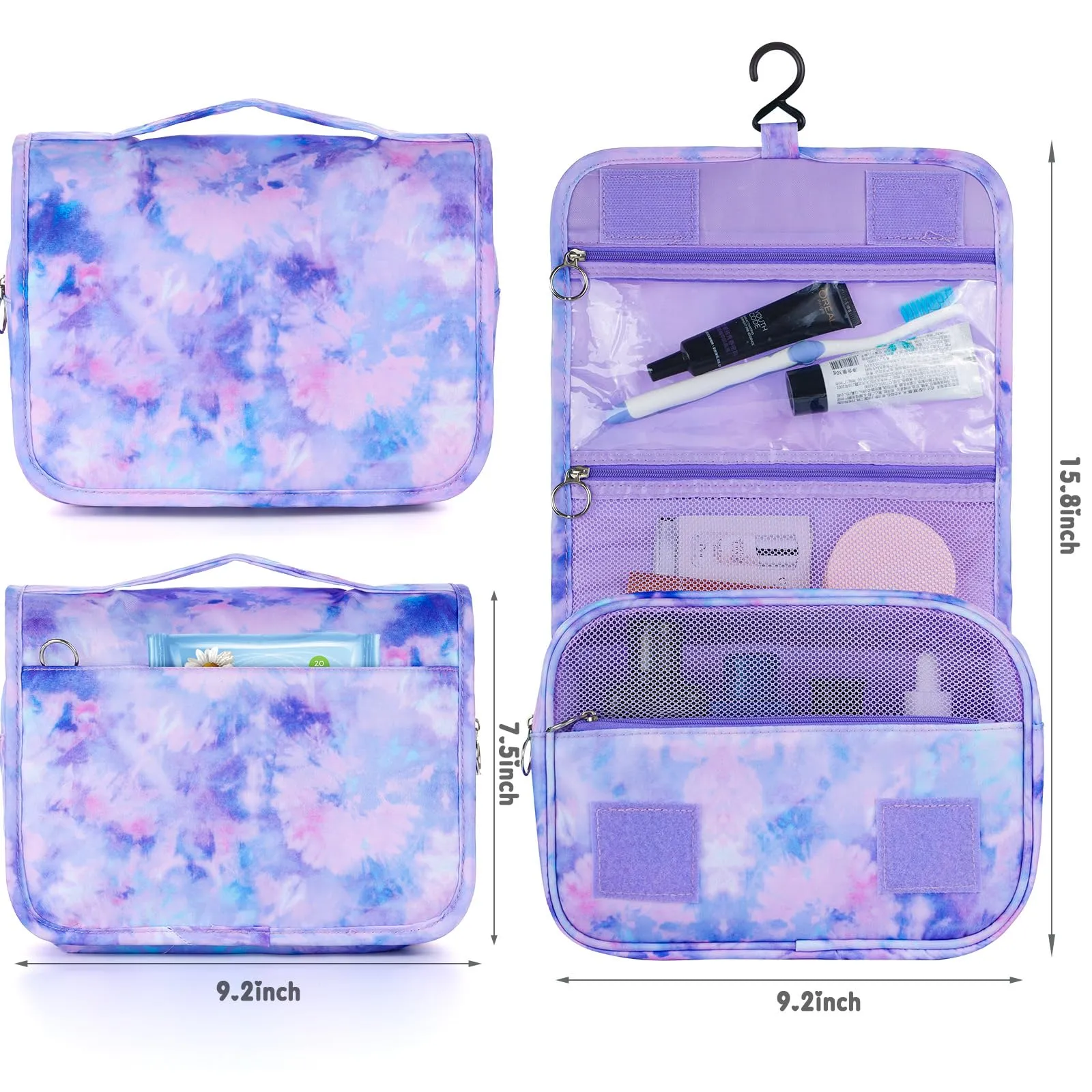 Vipdeal Kids Hanging Toiletry Bag for Girls, Travel Toiletry Bag for Little Young Girls Cosmetic Makeup Waterproof Wash Bag Toddler Traveling Toiletries, Tie Dye Purple