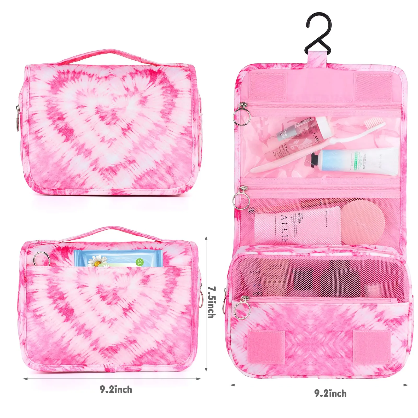 Vipdeal Kids Hanging Toiletry Bag for Girls, Travel Toiletry Bag for Teen Girls Cosmetic Makeup Waterproof Wash Bag Traveling Toiletries, Tie Dye Pink Heart