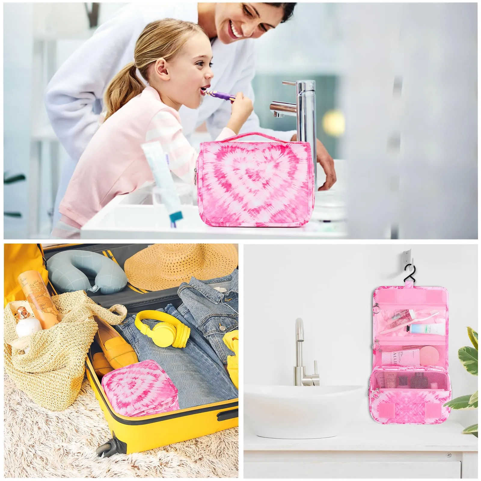 Vipdeal Kids Hanging Toiletry Bag for Girls, Travel Toiletry Bag for Teen Girls Cosmetic Makeup Waterproof Wash Bag Traveling Toiletries, Tie Dye Pink Heart