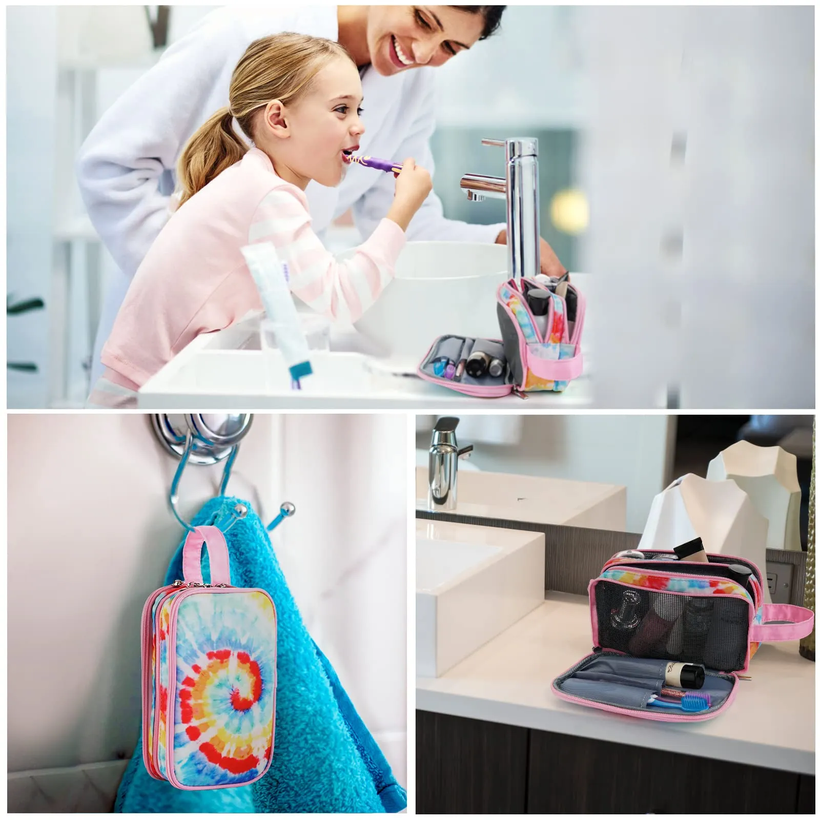 Vipdeal Kids Toiletry Bag for Girls, Travel Toiletry Bag for Little Young Girls Cosmetic Bag Makeup Bag Waterproof Hanging Wash Bag Toddler Toiletries, Tie Dye Pink