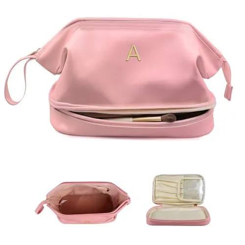 Vogewood Teacher Appreciation Gifts-Gift for Women, Initial Large Makeup Bag, Travel Essentials, Personalized Double Layer Cosmetic Bag with Makeup Brush Organizer, Toiletry Bag, Gifts for Female Mom