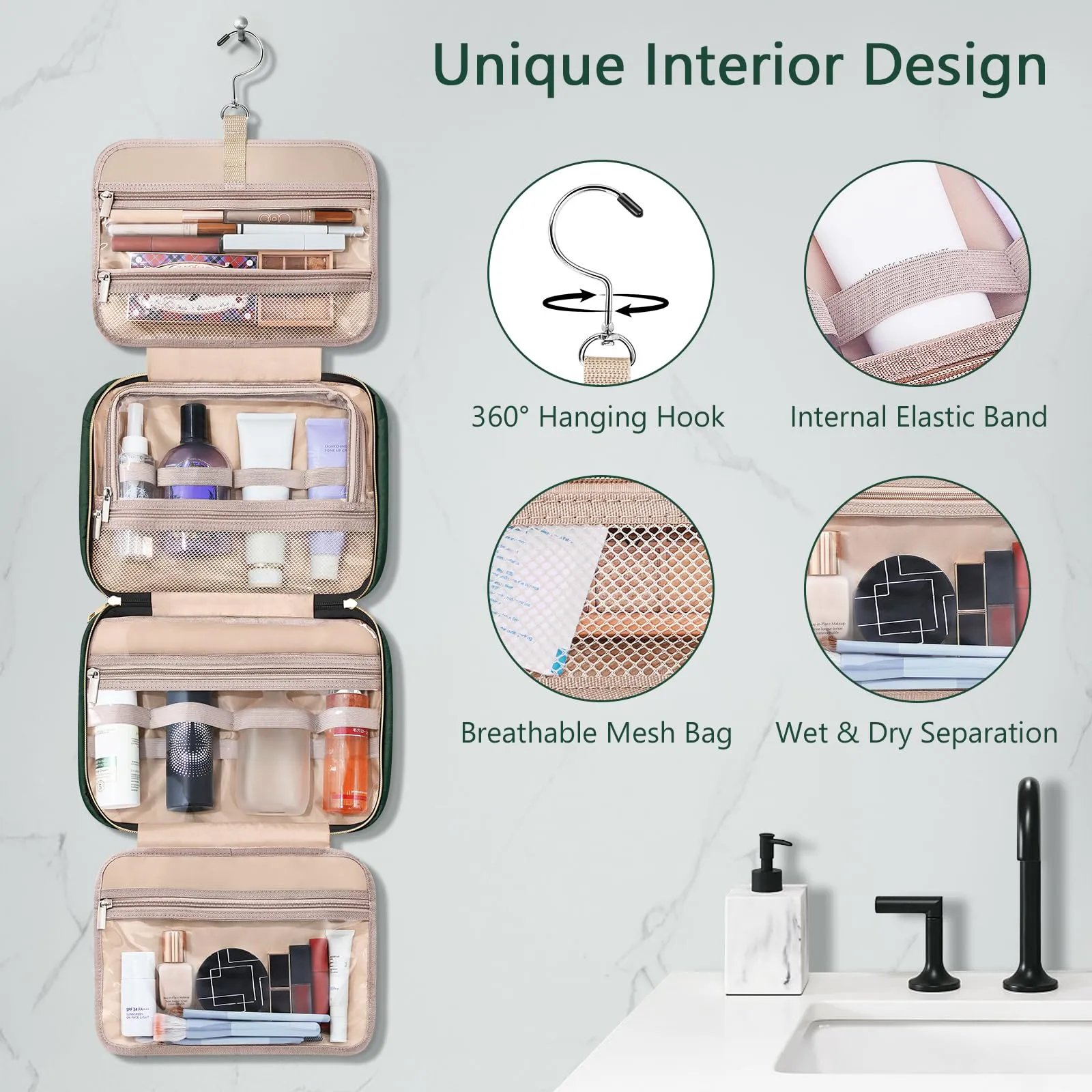 Wedama Toiletry Bag for Women, Hanging Travel Toiletry Bag with Jewelry Organizer Compartment Large Makeup Bag, PVC Waterproof Cosmetic Travel Bag Trips Camping Bathroom, Dark Green