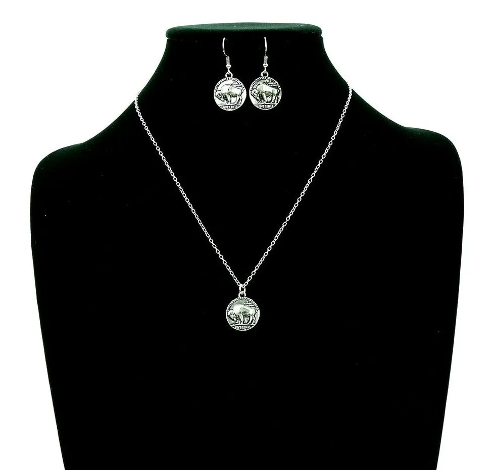 Western Buffalo Coin Necklace & Earrings