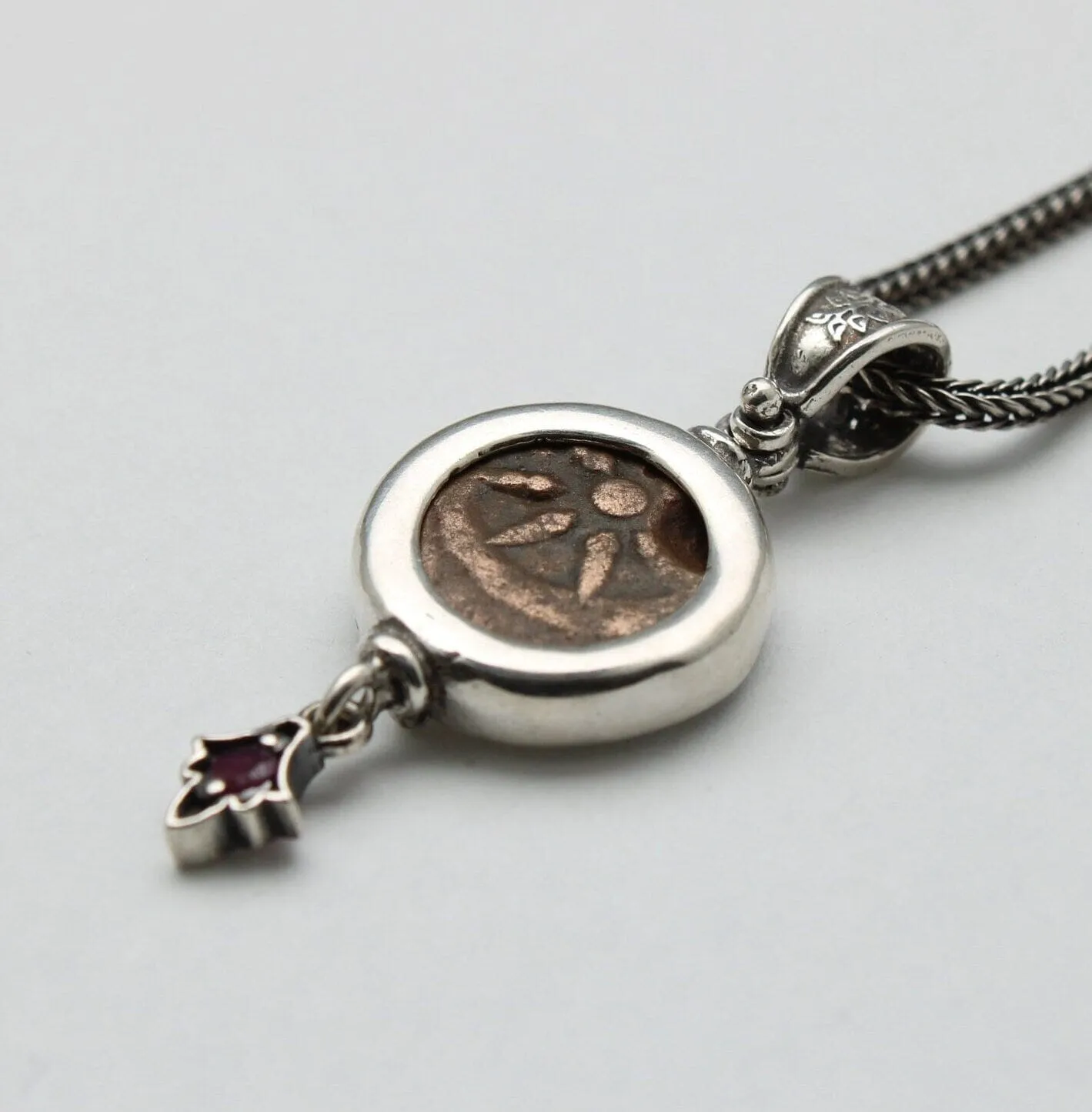 Widows Mite Prutah Coin, Silver Pendant with Garnet 00203
