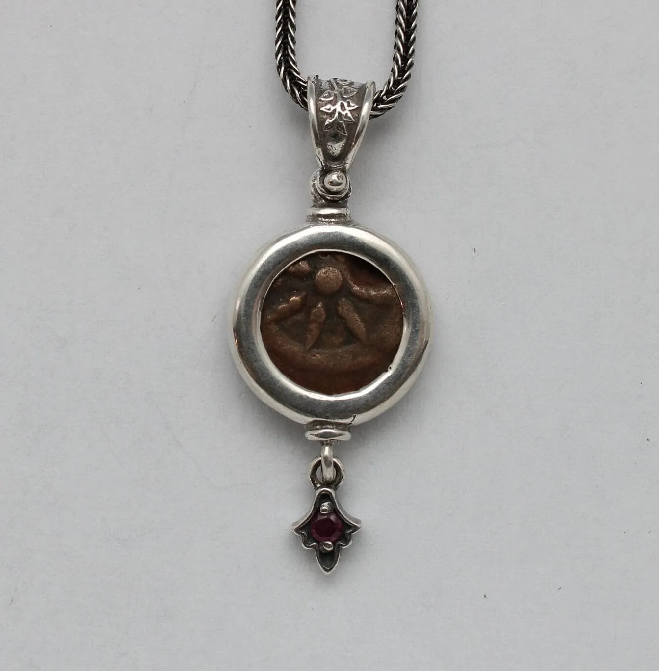 Widows Mite Prutah Coin, Silver Pendant with Garnet 00203