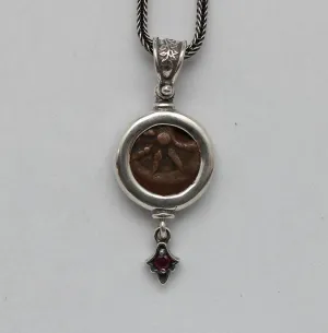 Widows Mite Prutah Coin, Silver Pendant with Garnet 00203
