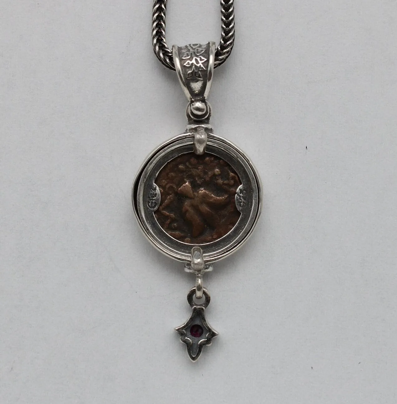 Widows Mite Prutah Coin, Silver Pendant with Garnet 00203