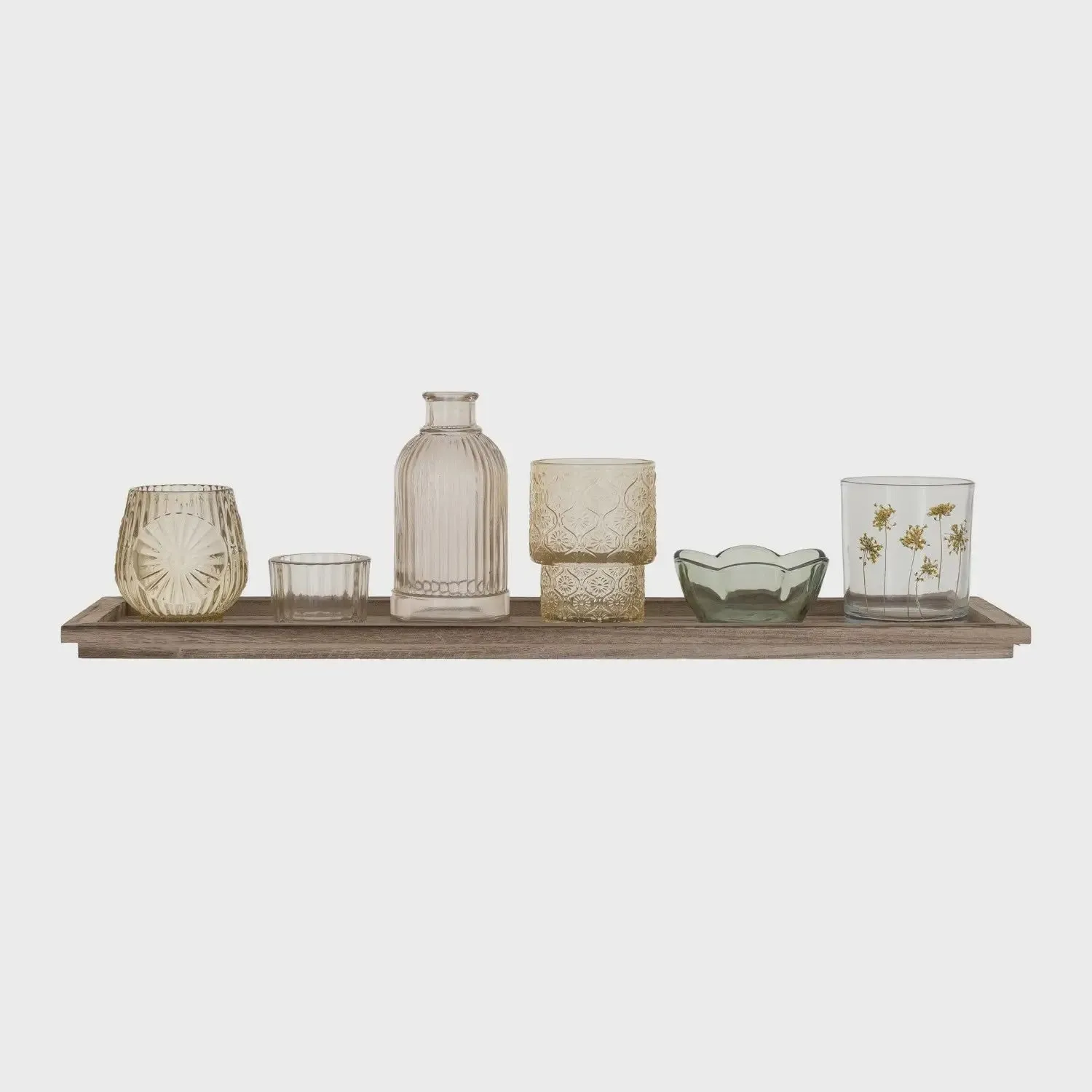 WOOD TRAY EMBOSSED GLASS TEALIGHT/VOTIVE HOLDERS VASE, SET OF 7
