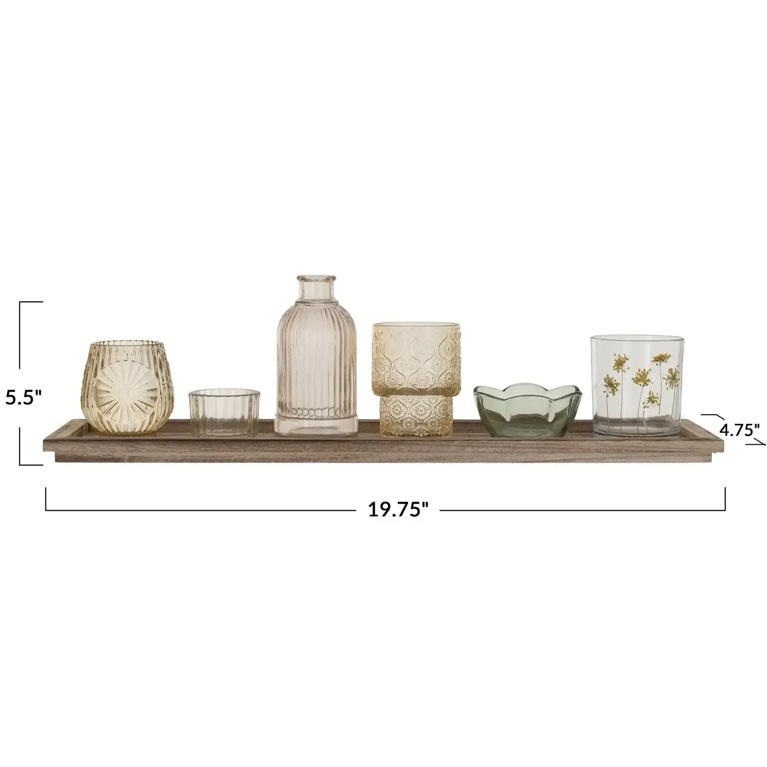 WOOD TRAY EMBOSSED GLASS TEALIGHT/VOTIVE HOLDERS VASE, SET OF 7