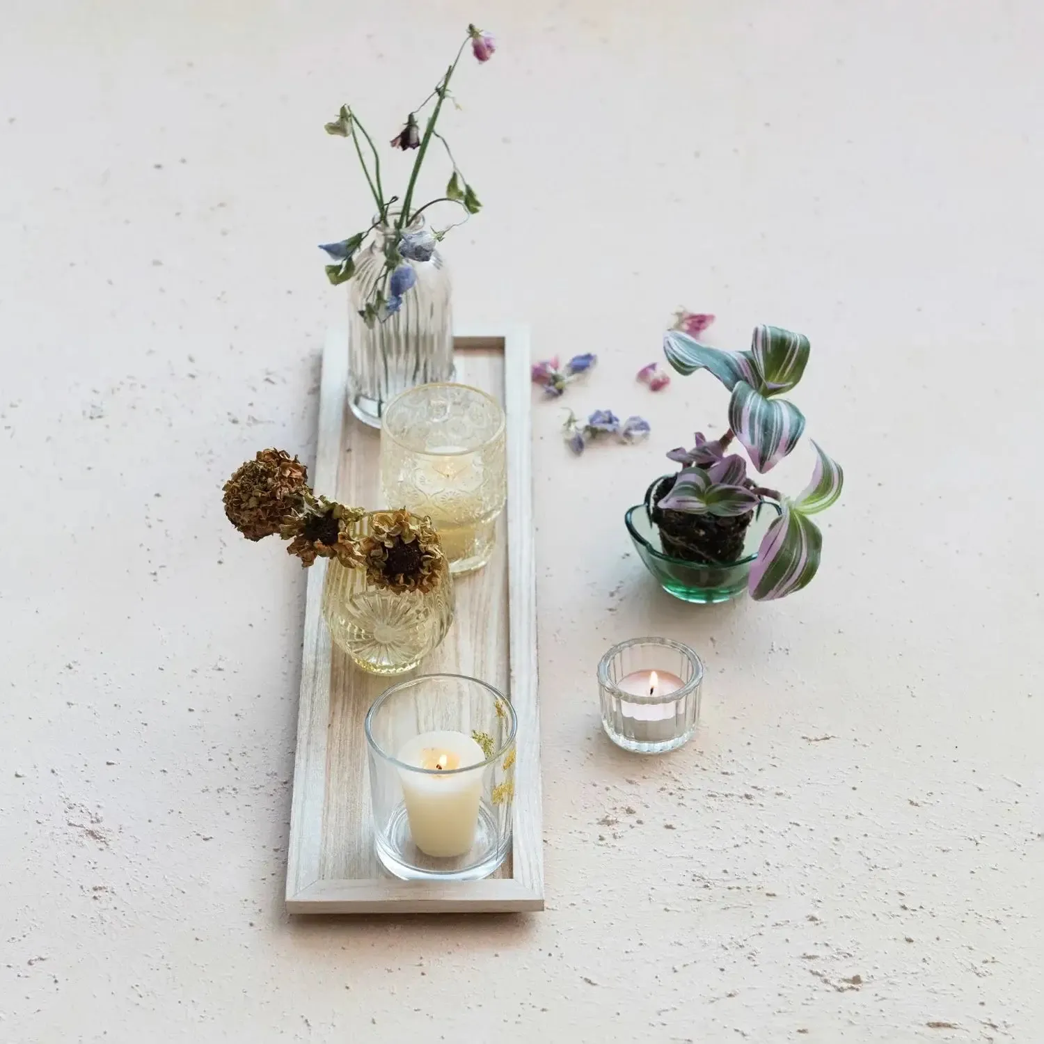 WOOD TRAY EMBOSSED GLASS TEALIGHT/VOTIVE HOLDERS VASE, SET OF 7