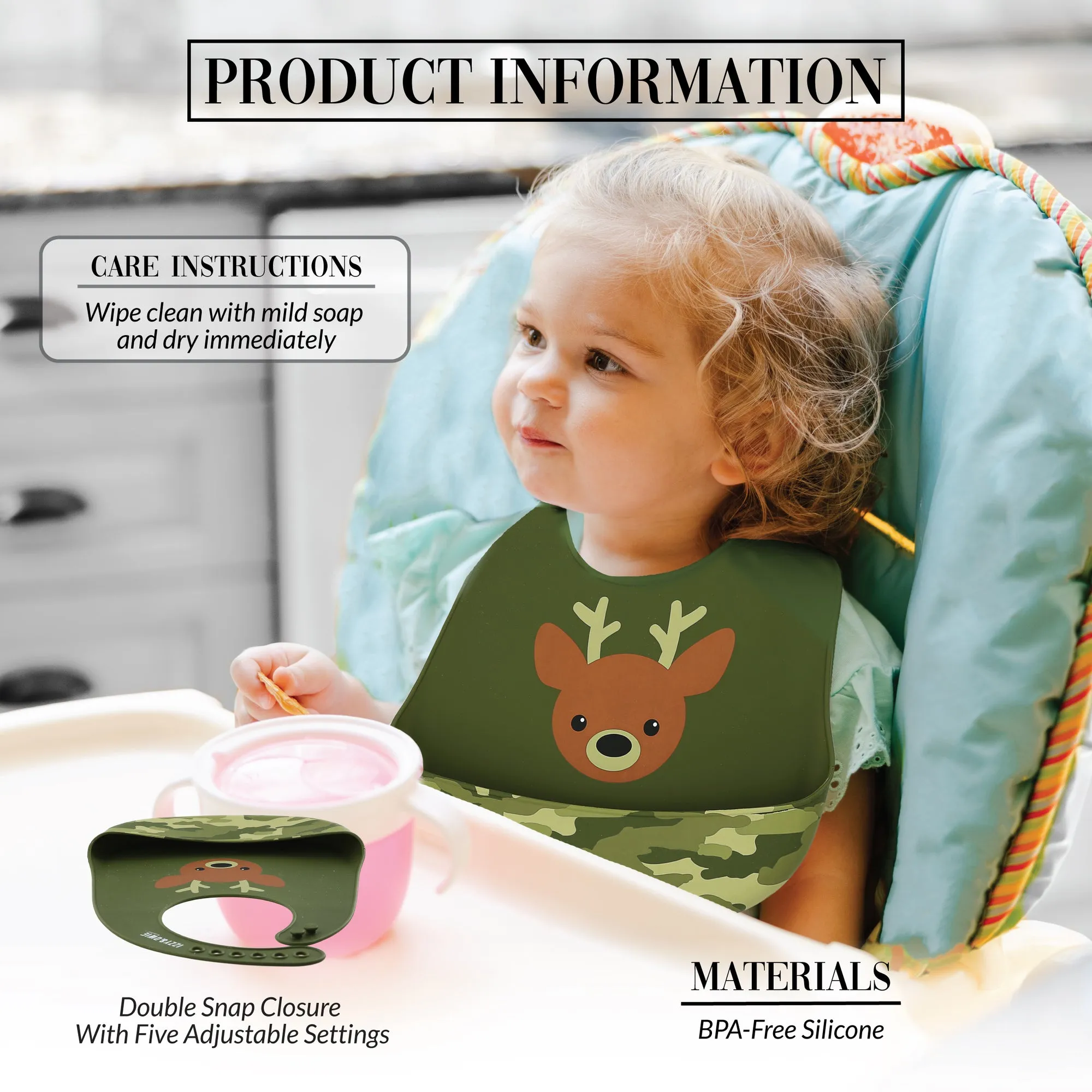 Woodland Green Camo Deer 12" Silicone Catch All Bib