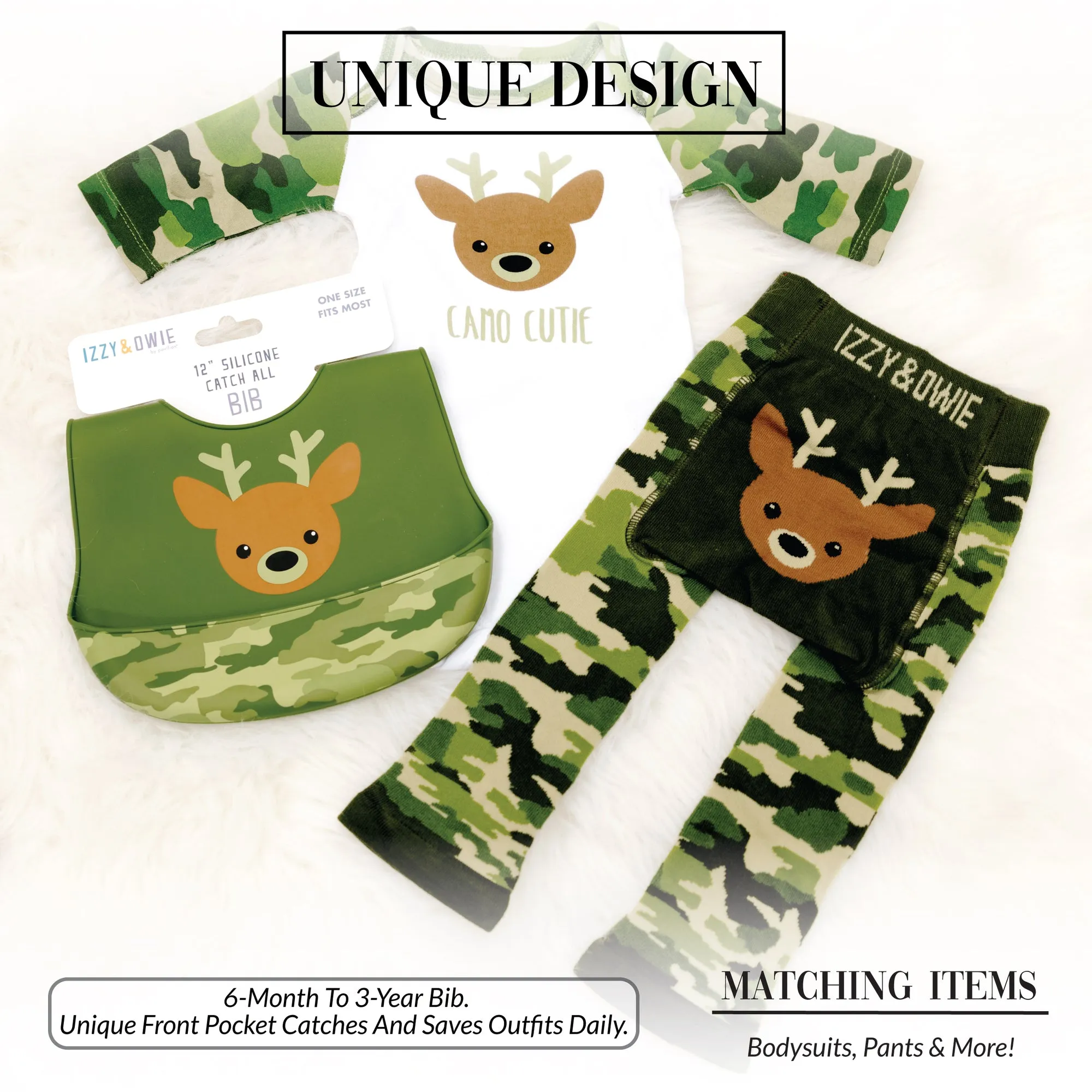 Woodland Green Camo Deer 12" Silicone Catch All Bib