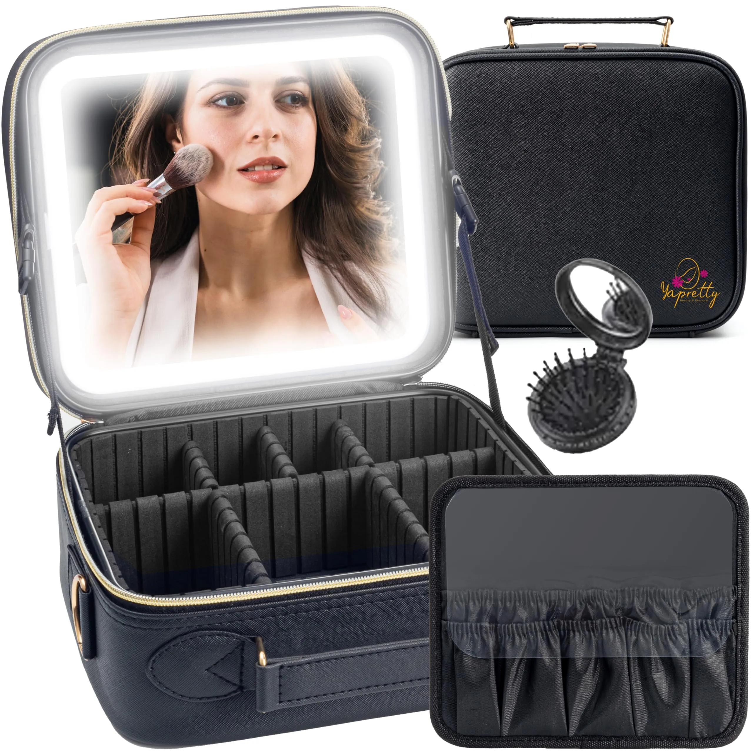 Yapretty Lighted Makeup Case With Adjustable Dividers, Full Screen Detachable Rechargeable Mirror - 3 Color Adjustable Brightness, Waterproof Travel Makeup Bag - Bonus (Hair Comb with Mirror) (Black)