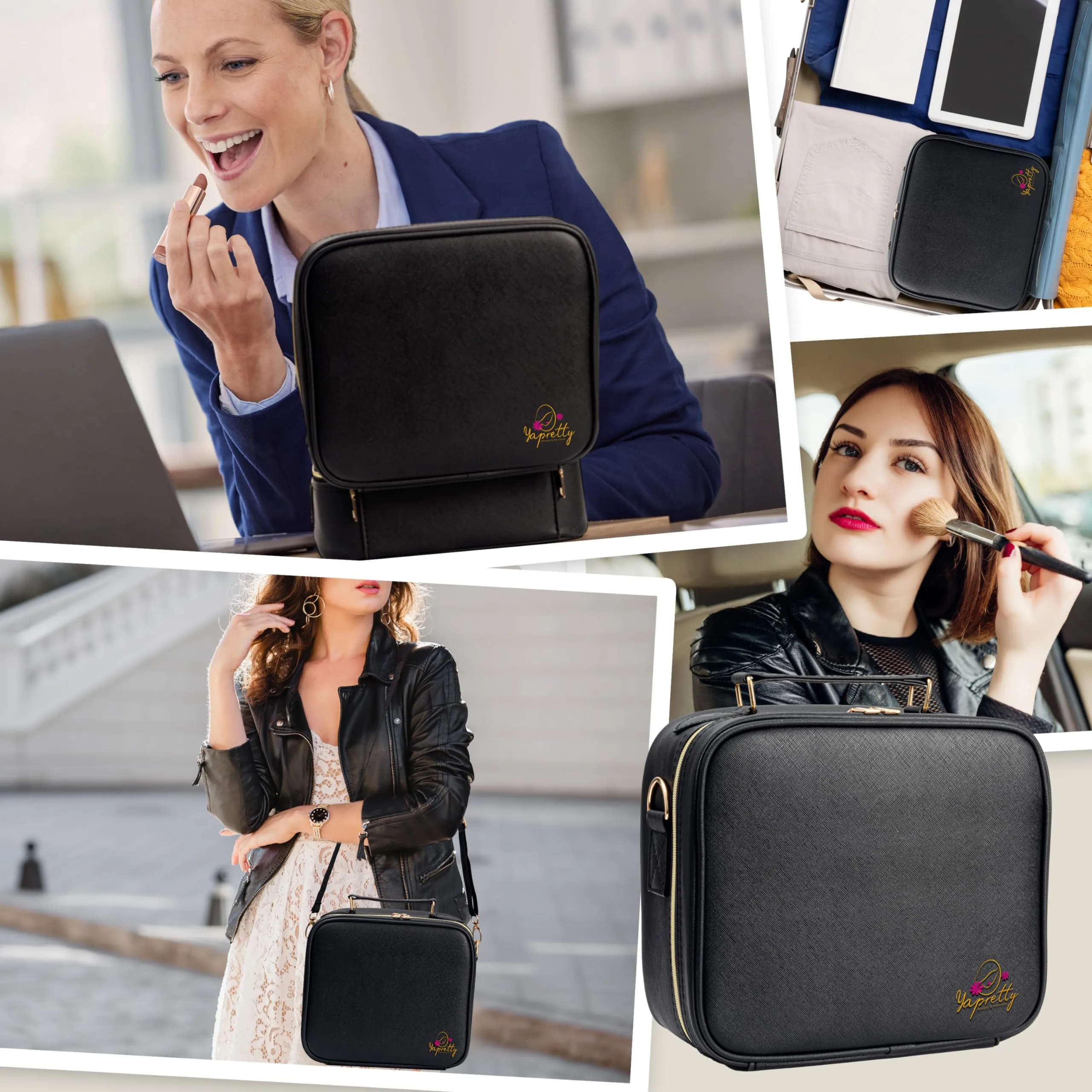 Yapretty Lighted Makeup Case With Adjustable Dividers, Full Screen Detachable Rechargeable Mirror - 3 Color Adjustable Brightness, Waterproof Travel Makeup Bag - Bonus (Hair Comb with Mirror) (Black)
