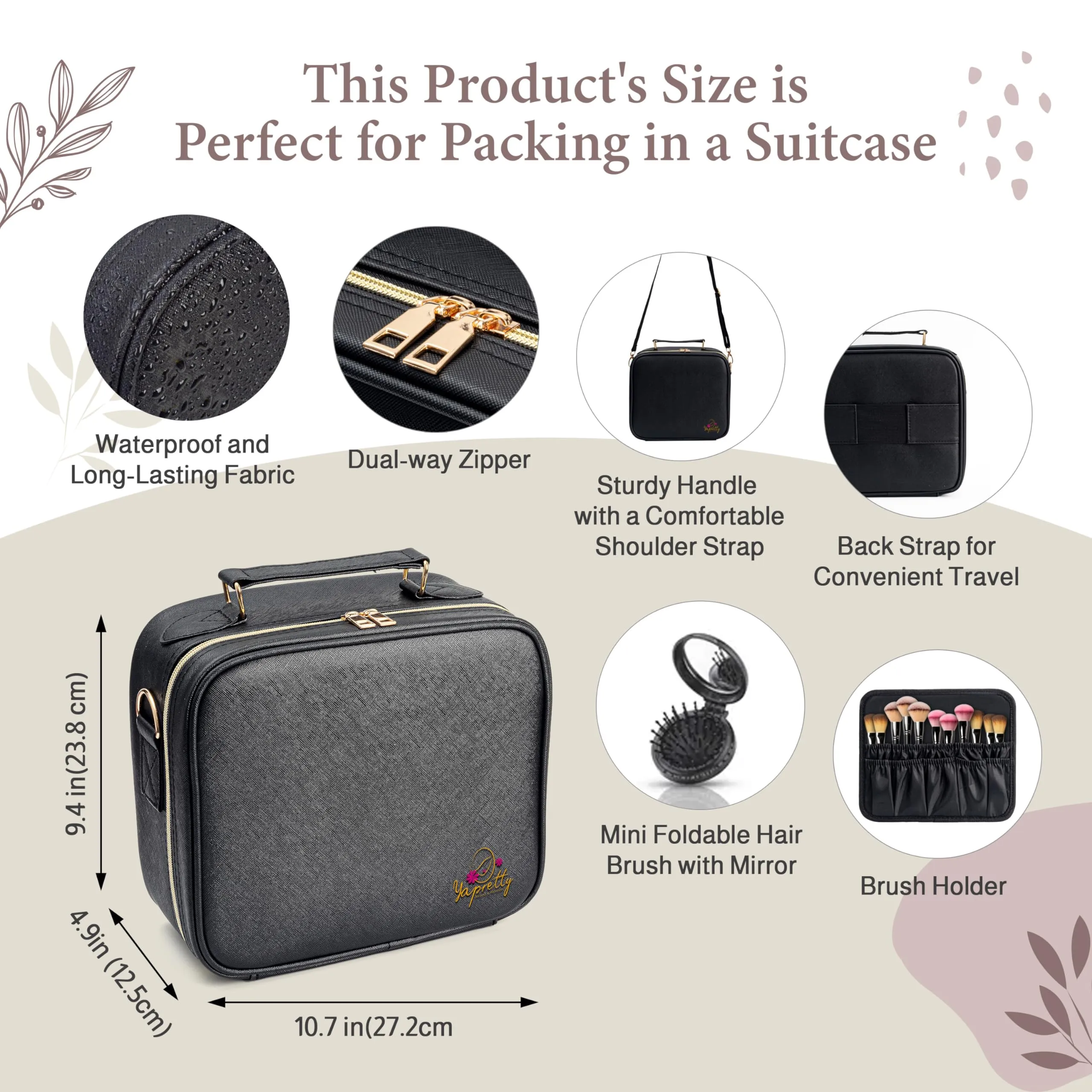 Yapretty Lighted Makeup Case With Adjustable Dividers, Full Screen Detachable Rechargeable Mirror - 3 Color Adjustable Brightness, Waterproof Travel Makeup Bag - Bonus (Hair Comb with Mirror) (Black)
